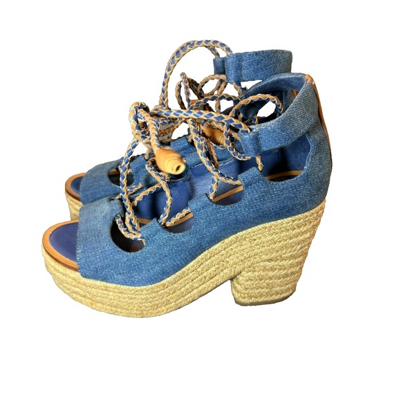 Tory Burch Shoes - Tory Burch Espadrille Sandals 5.5 Positano Blue Canvas Platform Lace